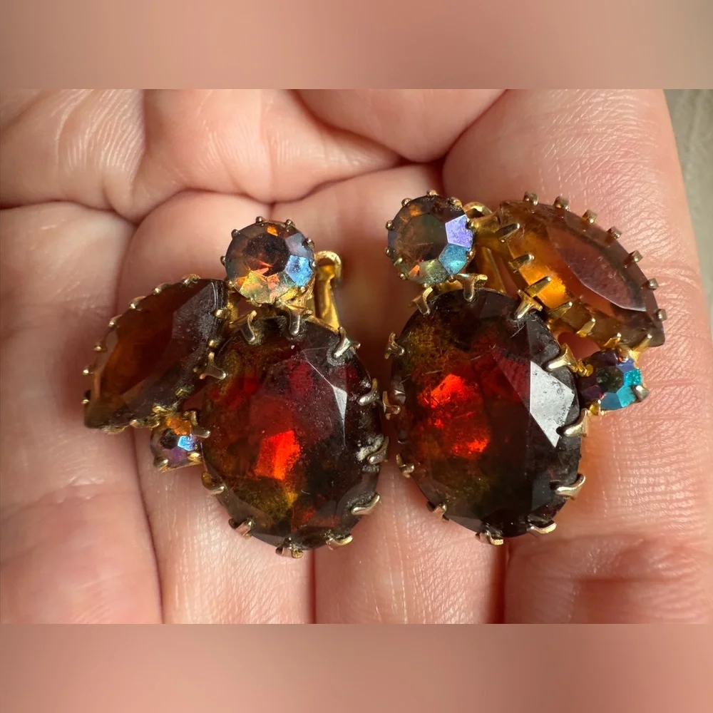 Lot of 3 Vintage Gold and Amber Tone Topaz Clip On Beaded Earrings